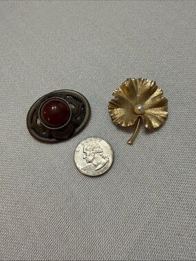 Pair of Brooches- Gold Leaf Brooch & Red Glass Bronze Brooch